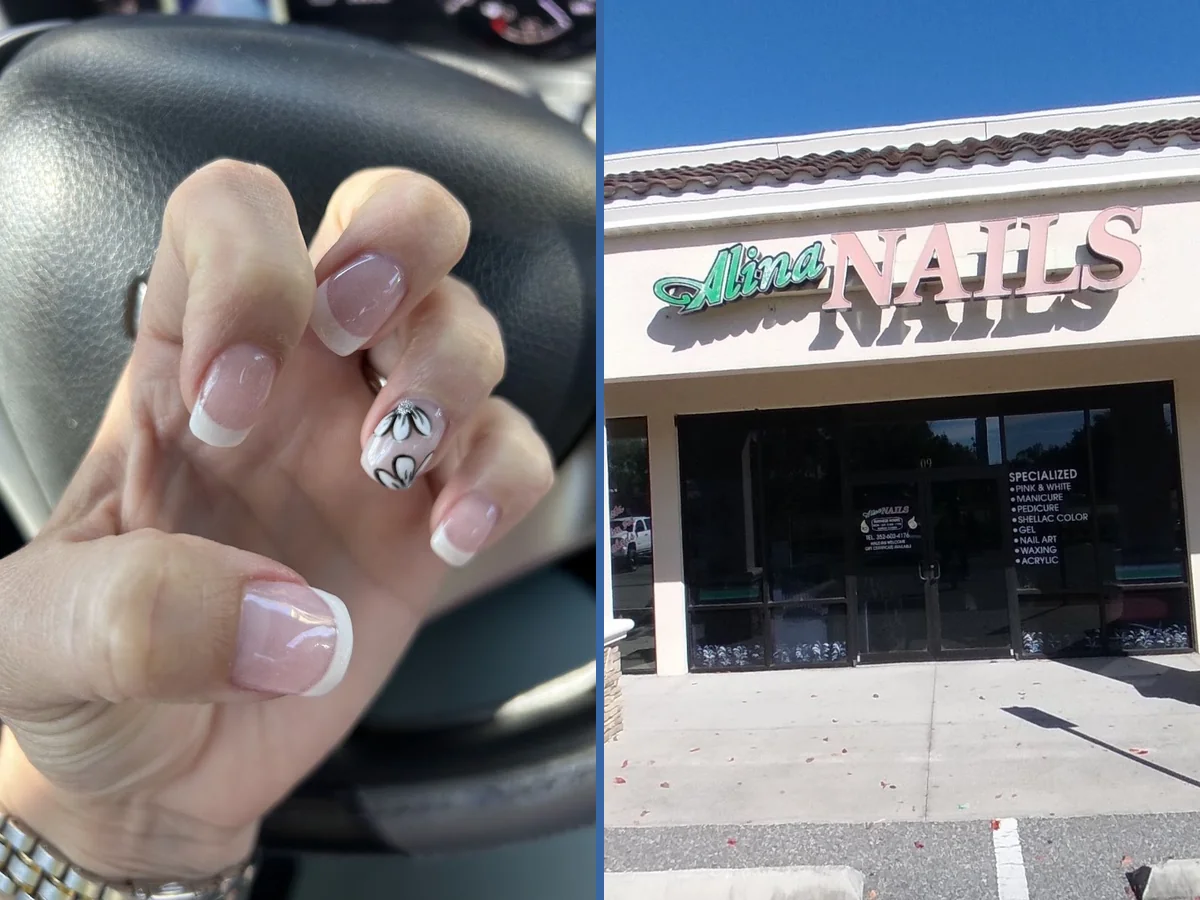 Close-up of French tip nails with a glossy finish