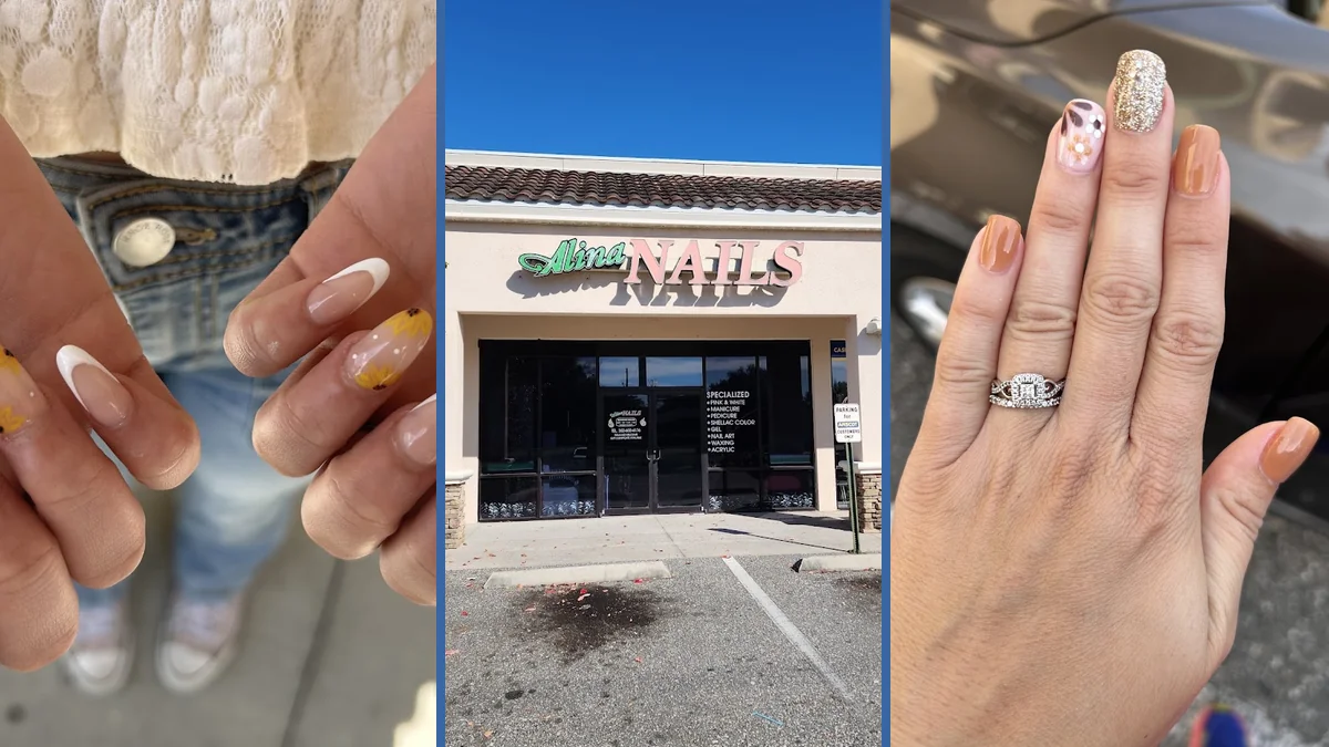 Nail technician painting acrylic nails in a salon chair